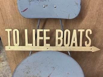 Decorative Solid Brass 'TO LIFE BOATS' Sign Designed In A Nautical Style With An Arrow Pointer