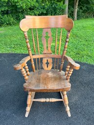 Vintage Solid Wood Windsor-Style Rocking Chair With Spindle Back & Carved Detail