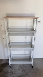 3-Tier Rolling Utility Cart With Wood Top – White Metal Mesh Storage Cart