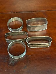 Lot Of 5 Vintage Silver Napkin Rings – Assorted Shapes – 78g Total