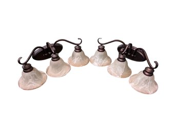 Set Of 2 Bronze 3 Light Bathroom Vanity Light Fixtures Marble Glass Shades