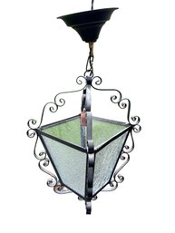 Vintage Spanish Revival Wrought Iron Hanging Lantern Pendant Light Textured Glass