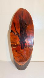 Vintage Wood Slab Wall Plaque Featuring A Painted Scene Of A Bald Eagle Landing On A Branch