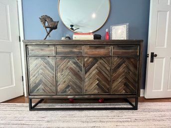Rustic Chevron-Front Sideboard With Four Drawers & Black Metal Base