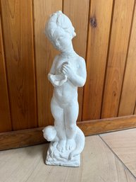 Vintage Stone Statue Of Young Child Child Holding A Shell