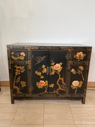 Artisan-crafted Black Lacquer Sideboard Featuring Chinoiserie Floral And Bird Motifs.