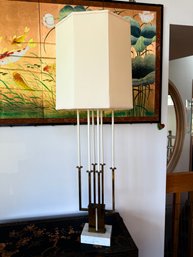Vintage Mid-Century Modern Tall Table Lamp Featuring A Sculptural Brass Candelabra Body On A White Marble Base