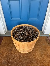 Rustic Wooden Bushel Basket With Pine Cones