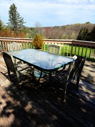 Large Glass Top Aluminum Table With Four Teak Chairs