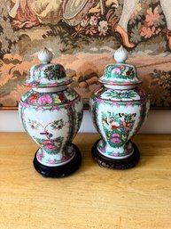 Pair Of Porcelain Collectibles Is Identified As Rose Medallion Ginger Jars
