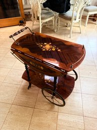 Vintage Italian Bar Or Tea Cart Featuring Ornate Marquetry Inlay In A Floral Pattern And Polished Brass Accen