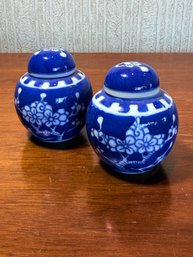 Vintage 1960s Small Chinese Porcelain Ginger Jars Featuring A Cobalt Blue And White Prunus Blossom Motif