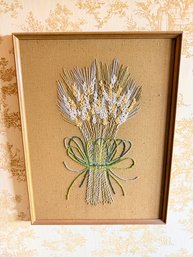 Vintage Framed Needlepoint Or Crewel Embroidery Depicting A Bouquet Of Wheat Stalks