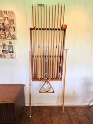Billiards Rack And Pool Sticks
