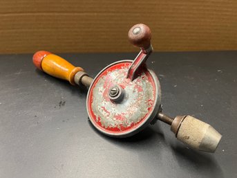 Vintage Hand Crank Drill Wooden Handle Red Finish Tested Working