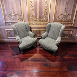 Vintage-style Wingback Armchairs Upholstered In A Distinctive Small-scale Animal Print Fabric