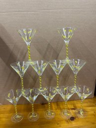 Hand-blown Martini Glass Featuring Distinctive Yellow Hand-painted Yellow Swirl