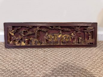 Exquisite Antique Chinese Intricately Hand-Carved Wooden Gilded Panel Wall Decoration (c 1920)