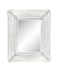 Mid-Century Venetian Mirror Reversed Etched W/ Floral Appliques & Beveled Detail