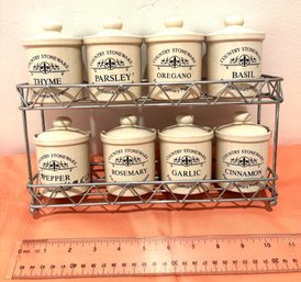 Country Stoneware Spice Rack Set Featuring 8 Mini Ceramic Canisters On A Metal Stand