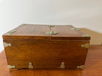 Antique Gentlemens Traveling Vanity Grooming / Jewelry Wooden Box With Accented Brass Hardware