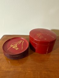 Vintage Japanese Lacquerware (Faux) Coaster Set Cinnabar Color W/Gold Botanicals