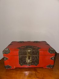 Antique Asian Coral Lacquer Brass Mounts Trinket Hinged Lidded Box Turtle Latch