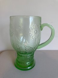 Vintage Large Green Glass Daisy Flower Dandelion Applied Handled Water Pitcher