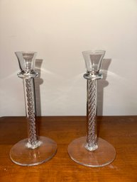 Vintage Pair Of Kosta Boda Crystal Glass Air Twist Stem Candlestick Holders
