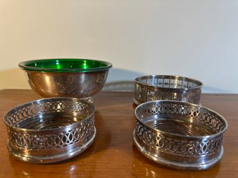 Vintage Reed And Barton Bowl And Silver Plate Wine Coasters