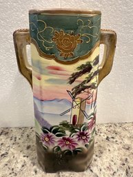 Antique Miyako Nippon Hand Painted Gold Gilded Vase Landscape Scene Circa 1890