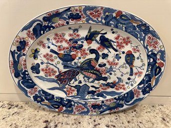 Painted Oval Serving Plate With Blue Bird Design