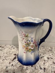 Vintage Allendale Pottery Floral Pitcher With Blue Edging
