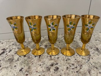 Murano Enamel Painted Gold/ Amber Cordial Glasses.