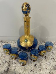 Venetian Murano Glass Decanter Set With Shot Glasses - Cobalt Blue And Gold