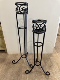 Set Of Two Black Tall Candle Holders