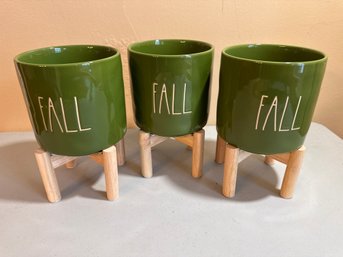 Set Of 3 Green Fall Rae Dunn Planters With Wood Stand