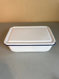 Vintage White Enamelware Tray With A Blue Trim