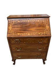 Antique Mahogany Secretary Chest Featuring Floral Marquetry Inlay Throughout