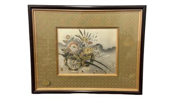 Japanese Chokin Art Piece Engraving Featuring A Flower Cart