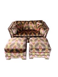 Mid-Century Modern Green And Peach Chevron Print Velvet Sofa With Two Matching Ottomans