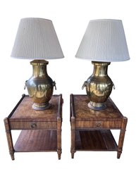 Vintage Asian Brass Urn Table Lamp Foo Dog Ring Handles Hollywood Regency Chinoiserie