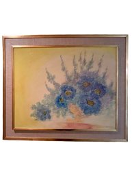 Vintage Floral Still Life Oil Painting Blue Flowers In Vase Framed Textured Mid Century Decor