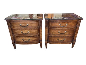 Pair White Furniture Co. Mahogany Bow Front 3 Drawer Nightstands End Tables W/ Glass Tops