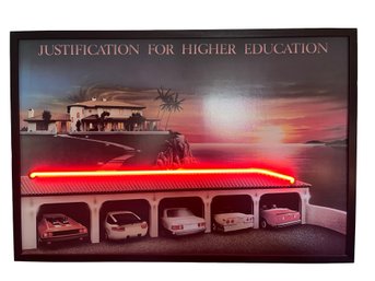 Vintage 1980s Justification For Higher Education Framed Backlit Neon Wall Art Cars Mansion 3D