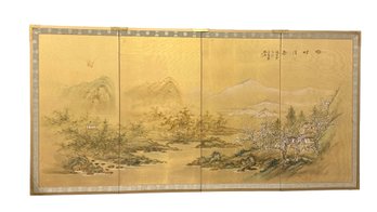 1960s Shwa Era Japanese Byobu Screen, 'Spring Landscape'