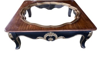 Square Cocktail Table With A Beveled Glass Insert Set Within A Rich Burl Wood Top
