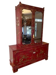 Vintage Asian Armoire With Red Lacquer Finish