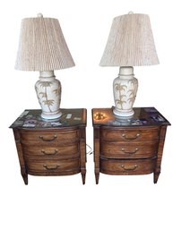 Pair Vintage Large Ceramic Palm Tree Table Lamps W/ Pleated Shades Coastal Hollywood Regency