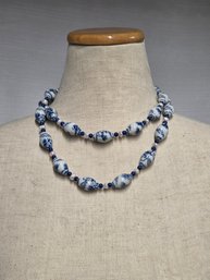 Vintage Chinese Export Blue & White Porcelain Bead Necklace With Pearls